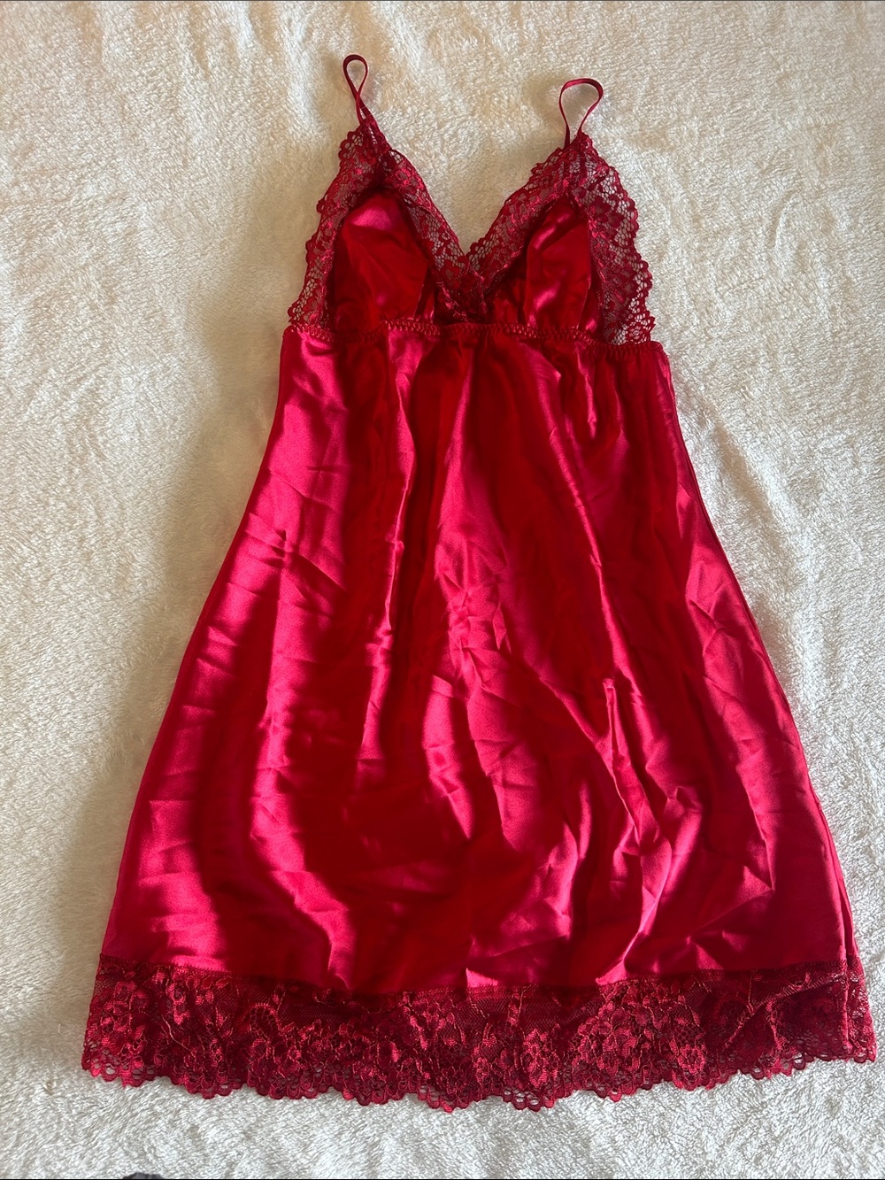 SHEIN Red Lace Trim Satin Chemise